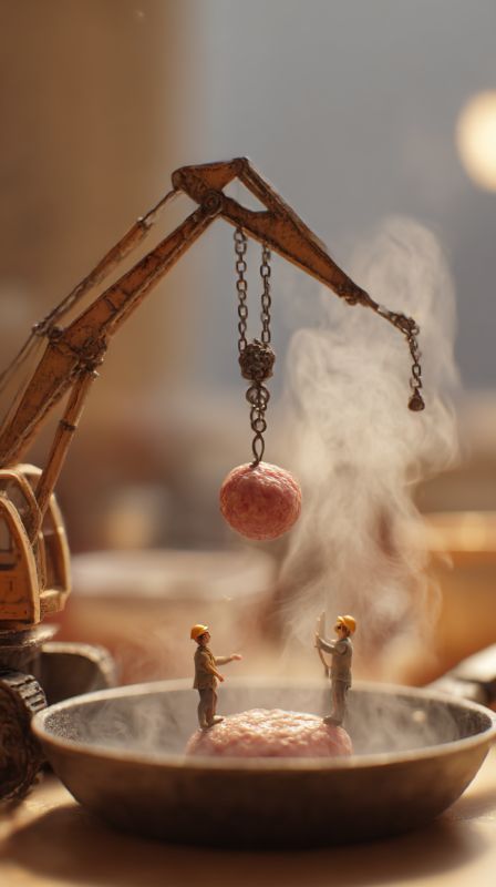 Miniature Crane Placing a Meatball into a Steaming Pan