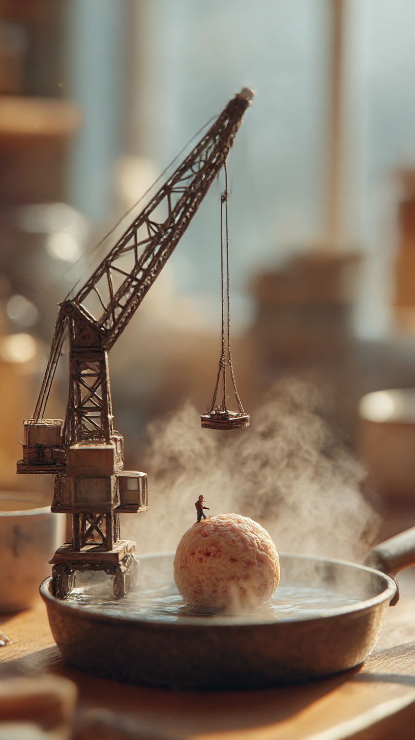 Miniature Crane Placing a Meatball into a Steaming Frying Pan