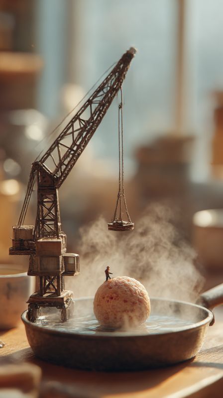 Miniature Crane Placing a Meatball into a Steaming Frying Pan
