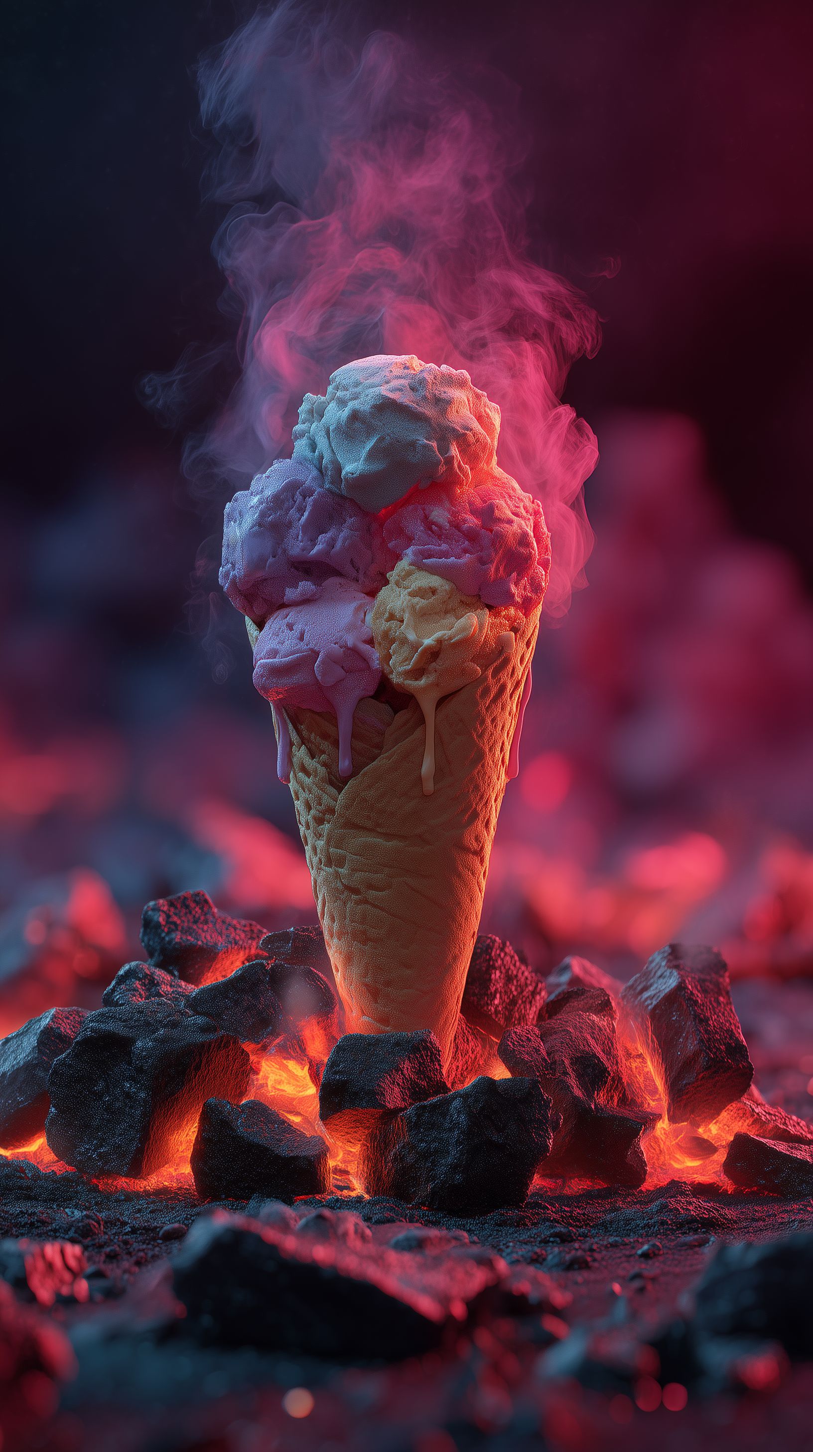 Melting Dreams: A Pastel Ice Cream Cone Over Fiery Charcoal