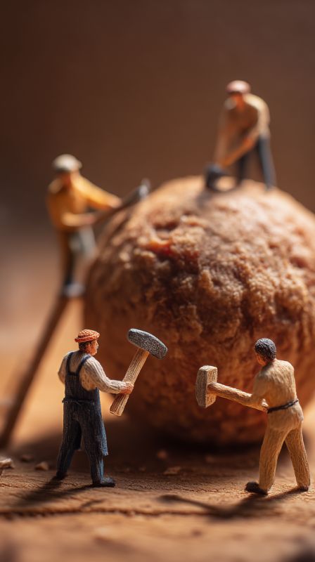 Miniature People Sculpting a Massive Meatball in a Rustic Kitchen