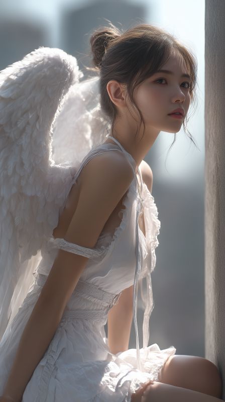 Heavenly Whispers: A Cute Angel Girl in the City of Light