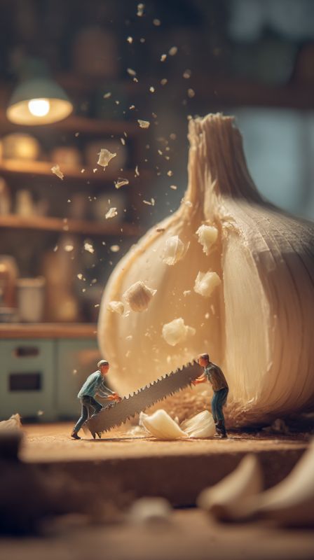 Tiny Humans Sawting a Giant Garlic Clove in a Cozy Kitchen