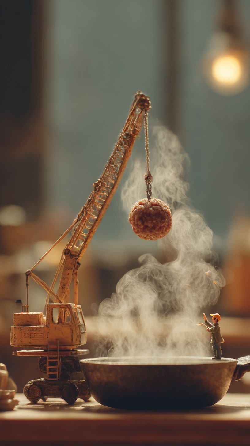 Miniature Crane Placing a Meatball into a Steaming Pan