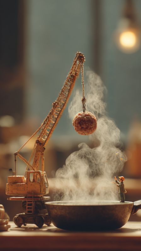 Miniature Crane Placing a Meatball into a Steaming Pan