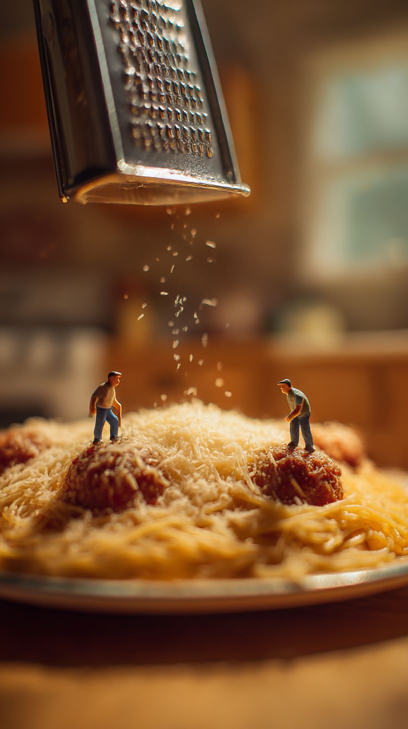 Tiny Humans Sprinkling Cheese on a Giant Spaghetti Plate
