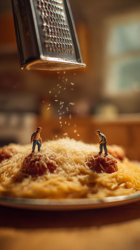 Tiny Humans Sprinkling Cheese on a Giant Spaghetti Plate