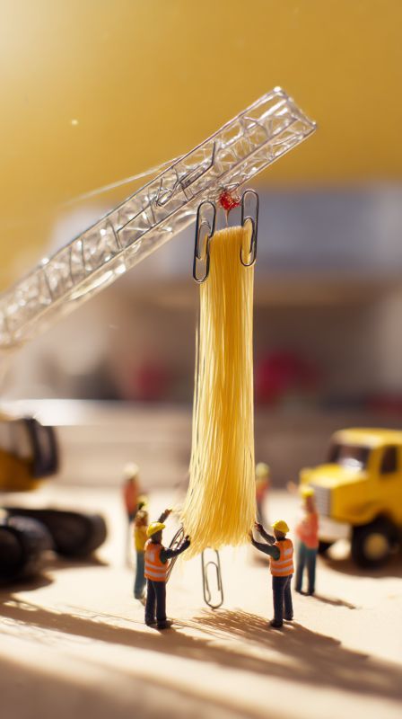 Tiny Human Crew Lifting a Giant Spaghetti Strand with Miniature Crane