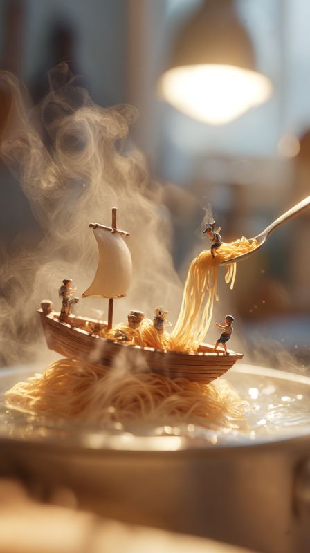 Tiny Humans Sailing in a Bottle-Cap Boat on a Boiling Pasta Pot