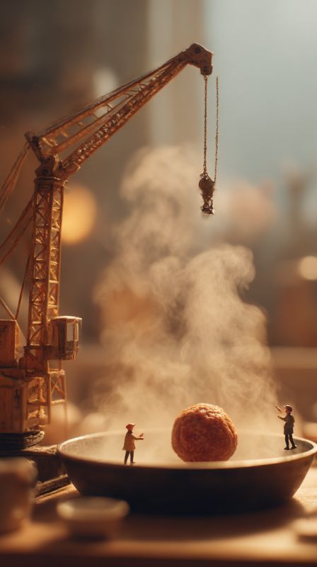 Miniature Crane Placing a Meatball into a Steaming Pan