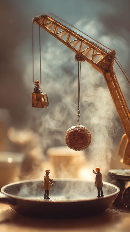 Miniature Crane Placing a Meatball into a Steaming Pan